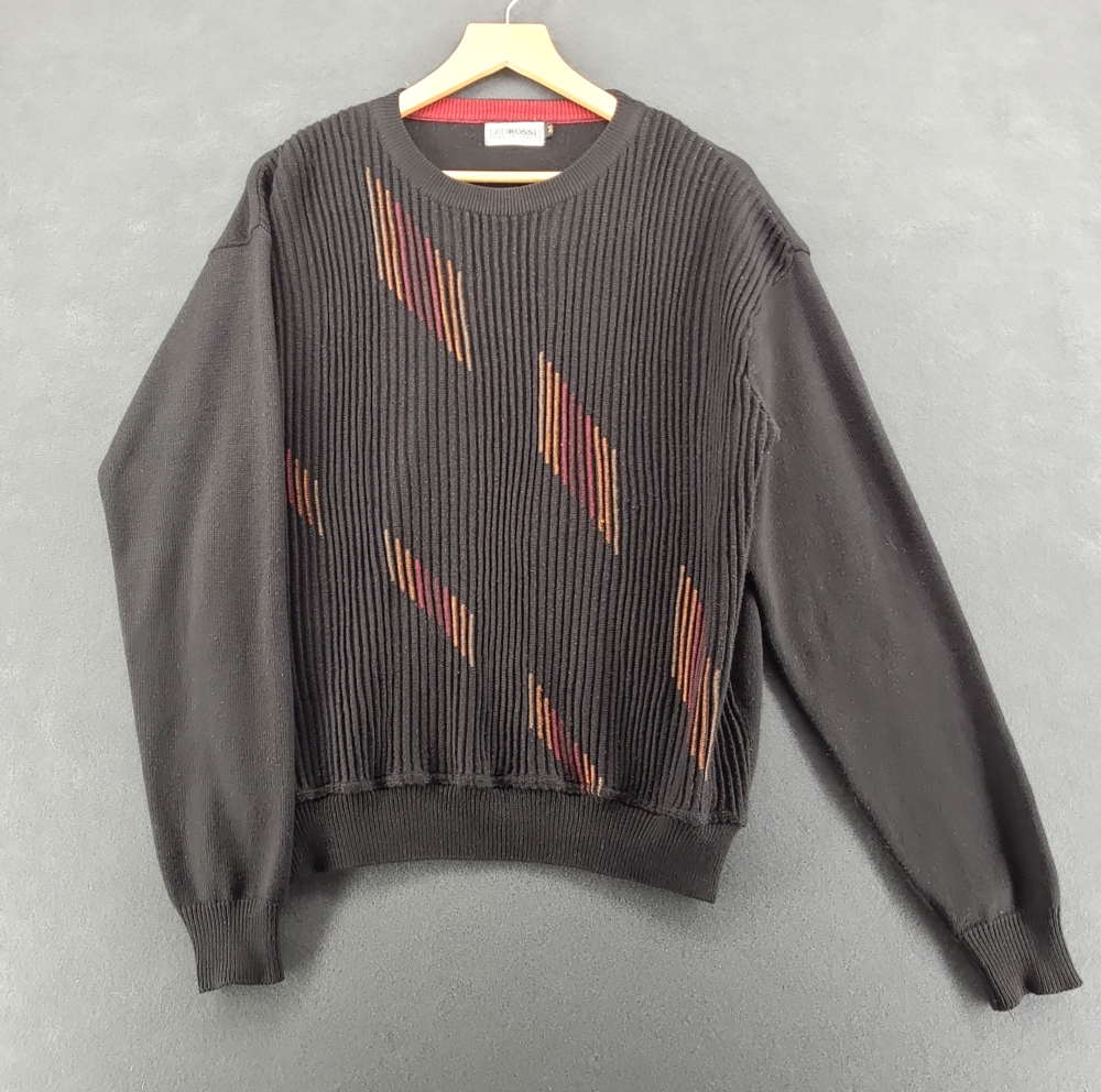Vintage Leorossi Sweater Mens M Black Ribbed Acrylic Knit Made in Italy 80s 90s